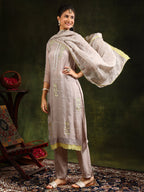 Hand Embroidered Kurta With Pant & Organza Sequined Embroidered Dupatta, Grey - Hiral Fashion - Distacart
