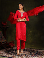 Hand Embroidered Kurta With Pant & Banarasi Silk Dupatta, Red - Hiral Fashion - Distacart