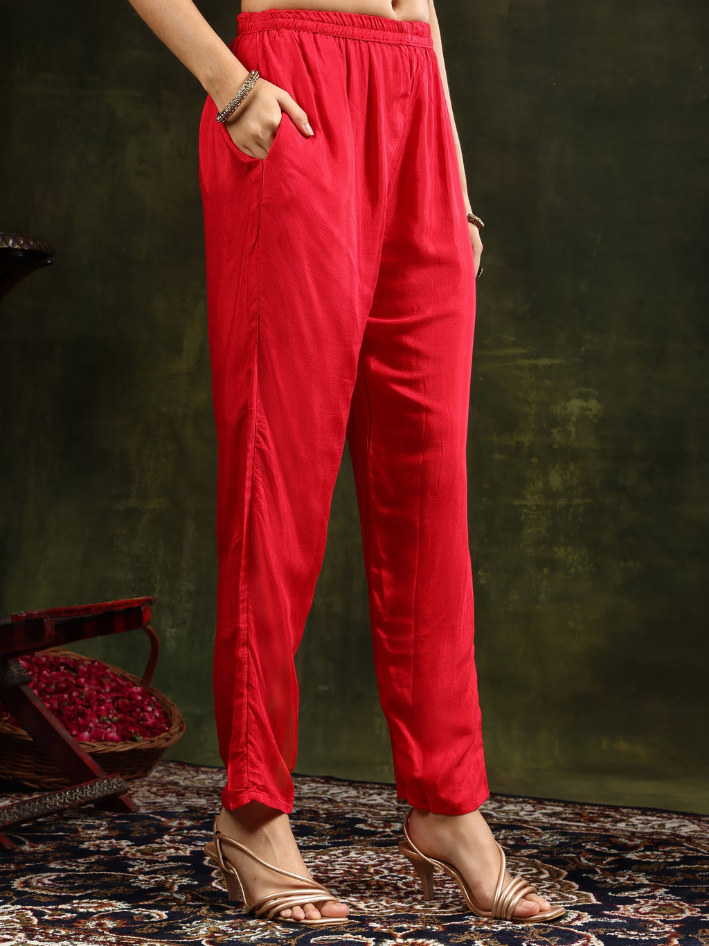 Hand Embroidered Kurta With Pant & Banarasi Silk Dupatta, Red - Hiral Fashion - Distacart