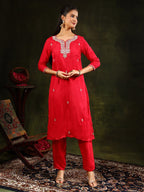 Hand Embroidered Kurta With Pant & Banarasi Silk Dupatta, Red - Hiral Fashion - Distacart