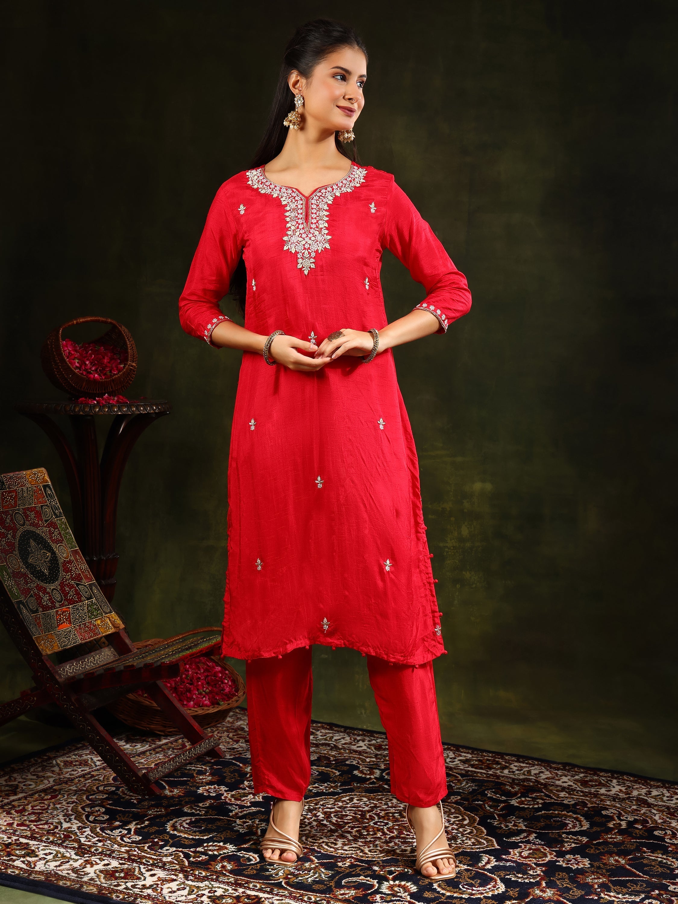 Hand Embroidered Kurta With Pant & Banarasi Silk Dupatta, Red - Hiral Fashion - Distacart