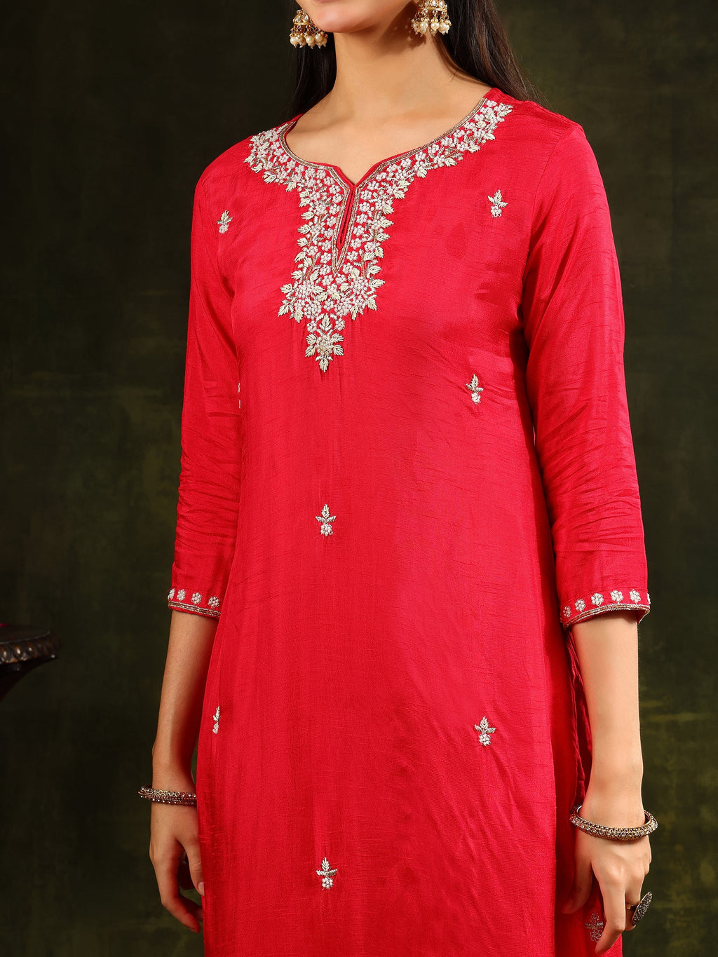 Hand Embroidered Kurta With Pant & Banarasi Silk Dupatta, Red - Hiral Fashion - Distacart