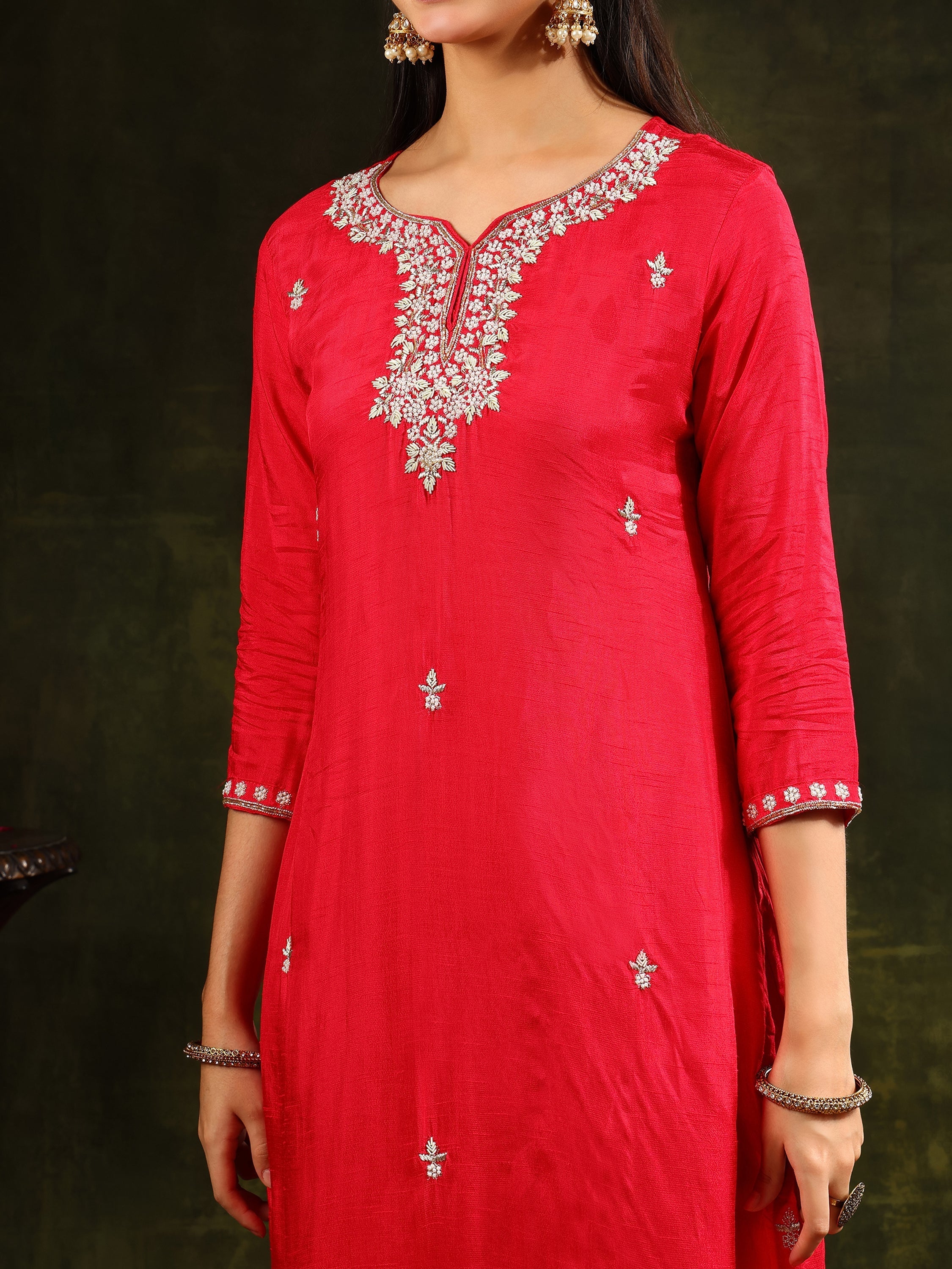 Hand Embroidered Kurta With Pant & Banarasi Silk Dupatta, Red - Hiral Fashion - Distacart