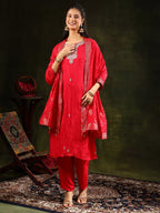Hand Embroidered Kurta With Pant & Banarasi Silk Dupatta, Red - Hiral Fashion - Distacart