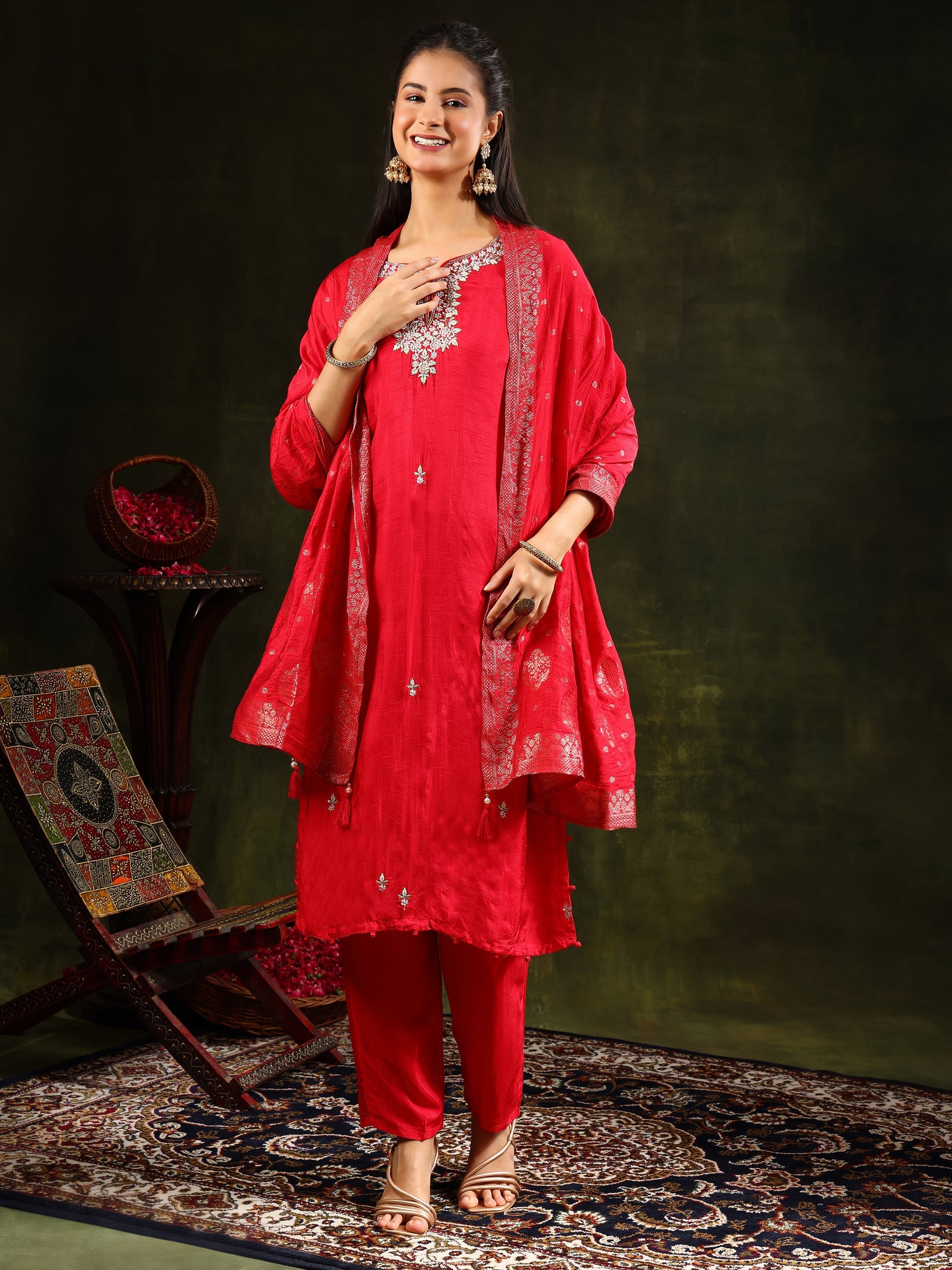 Hand Embroidered Kurta With Pant & Banarasi Silk Dupatta, Red - Hiral Fashion - Distacart