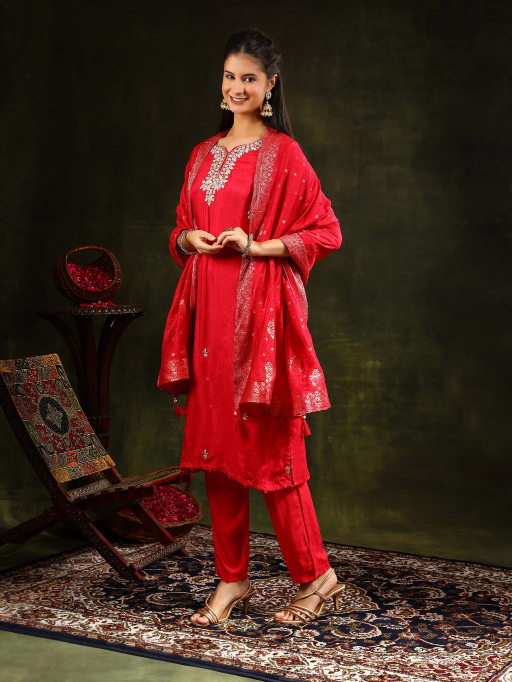 Hand Embroidered Kurta With Pant & Banarasi Silk Dupatta, Red - Hiral Fashion - Distacart