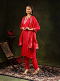 Hand Embroidered Kurta With Pant & Banarasi Silk Dupatta, Red - Hiral Fashion - Distacart