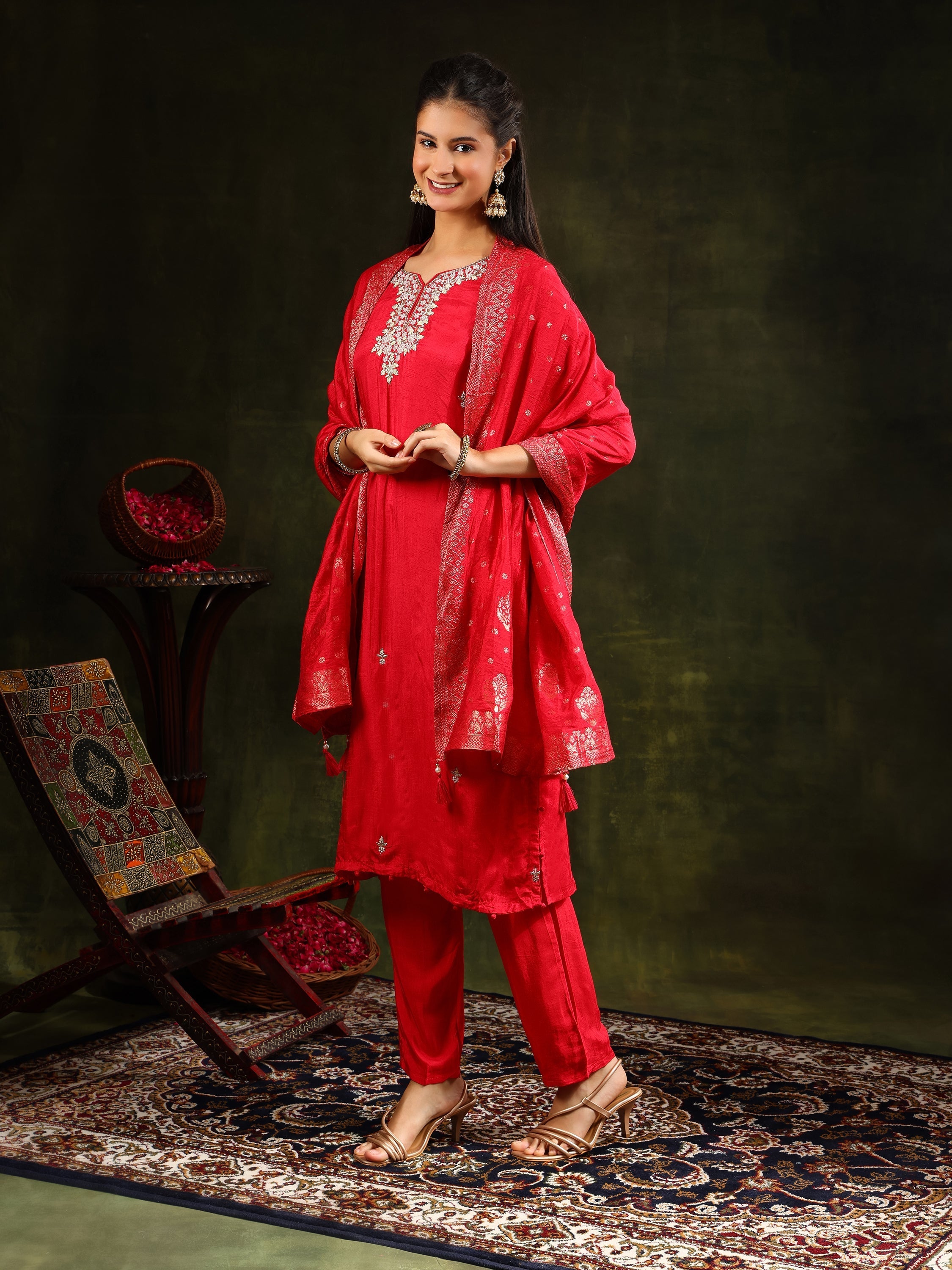 Hand Embroidered Kurta With Pant & Banarasi Silk Dupatta, Red - Hiral Fashion - Distacart