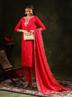 Hand Embroidered Kurta With Pant & Banarasi Silk Dupatta, Red - Hiral Fashion - Distacart