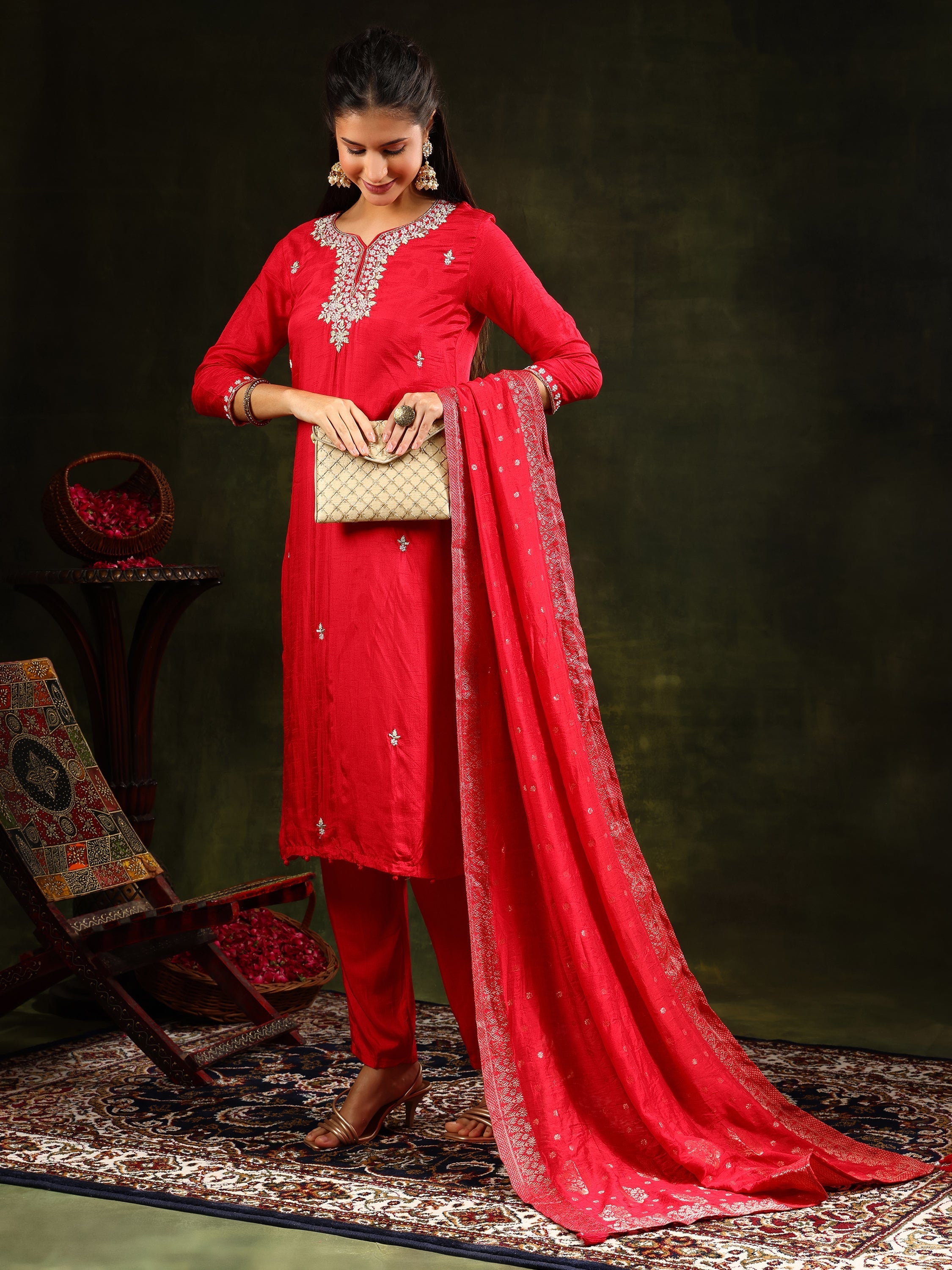 Hand Embroidered Kurta With Pant & Banarasi Silk Dupatta, Red - Hiral Fashion - Distacart