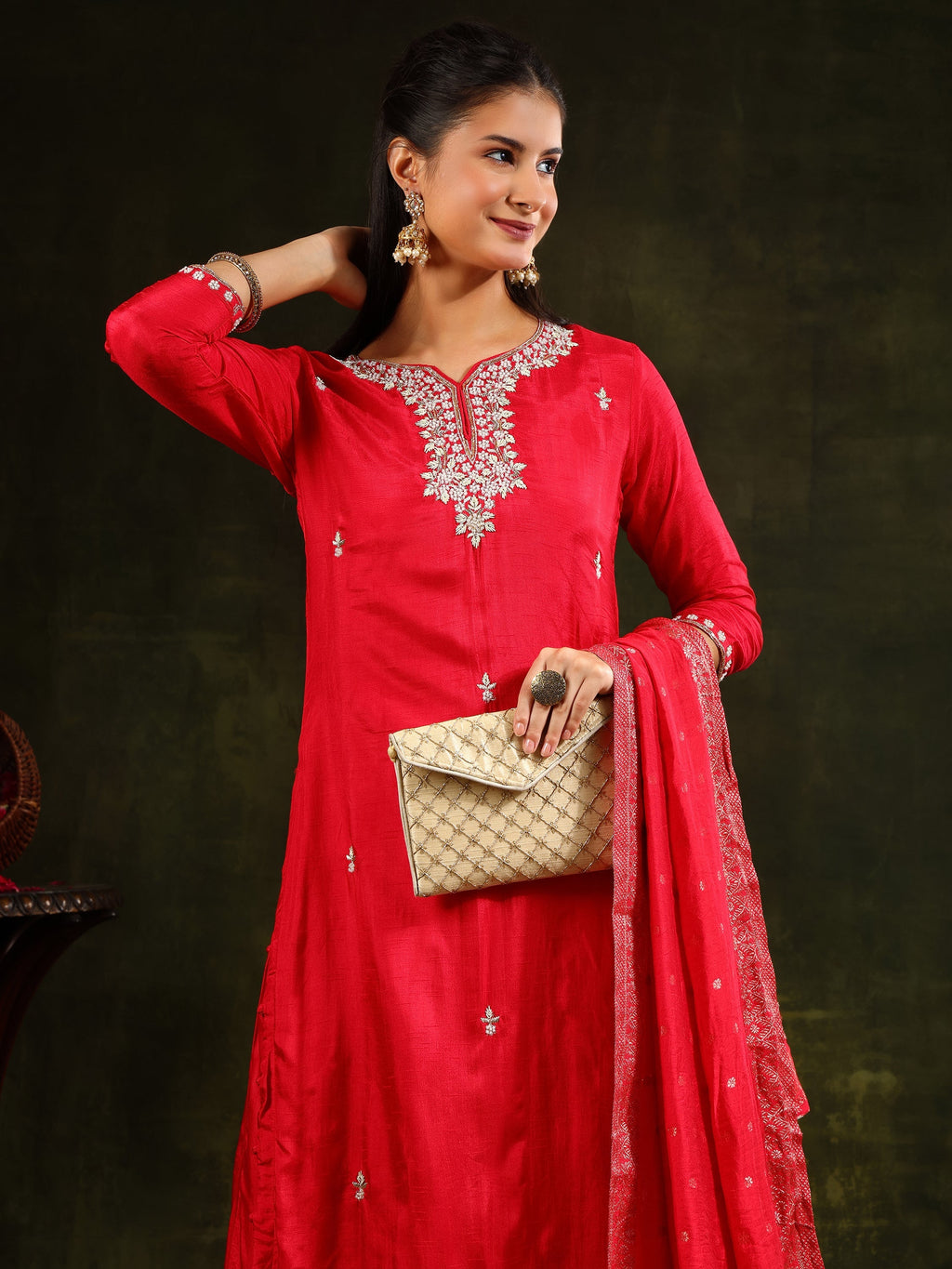 Hand Embroidered Kurta With Pant & Banarasi Silk Dupatta, Red - Hiral Fashion - Distacart