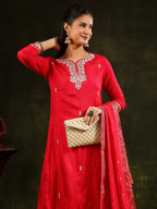 Hand Embroidered Kurta With Pant & Banarasi Silk Dupatta, Red - Hiral Fashion - Distacart