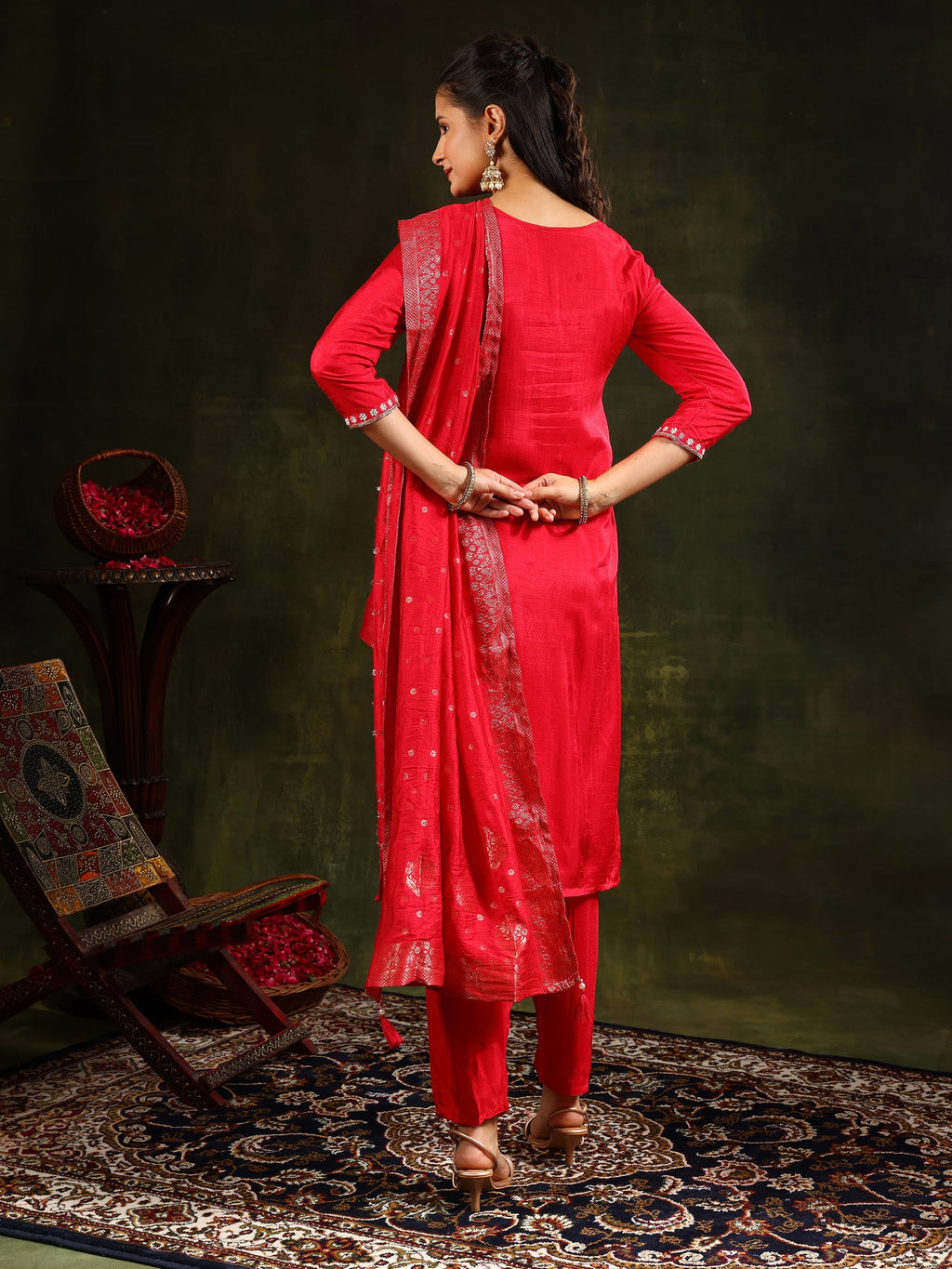Hand Embroidered Kurta With Pant & Banarasi Silk Dupatta, Red - Hiral Fashion - Distacart