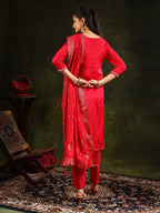 Hand Embroidered Kurta With Pant & Banarasi Silk Dupatta, Red - Hiral Fashion - Distacart