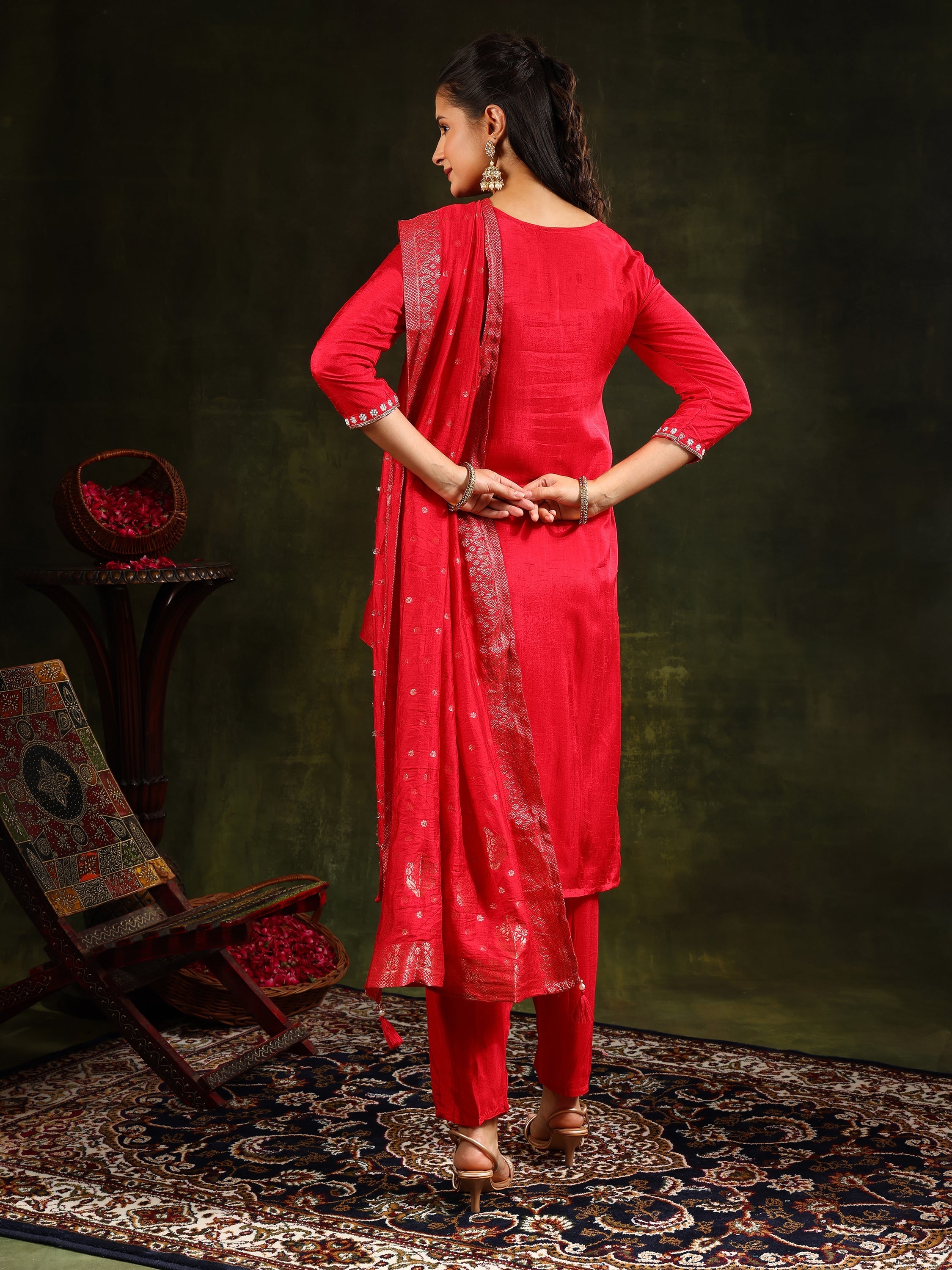 Hand Embroidered Kurta With Pant & Banarasi Silk Dupatta, Red - Hiral Fashion - Distacart