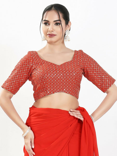 Joban Fashion Red Silk Padded Blouse With Sweetheart Neck Elbow Sleeves