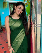 DEIANA'S Beautiful Designer Golden zari Soft Lichi Silk Saree - P Green