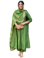 The52 Light Green Women's Gorgeous Embroidered Work Chanderi Fabric Flared Kurta Pant and Dupatta Set - Distacart