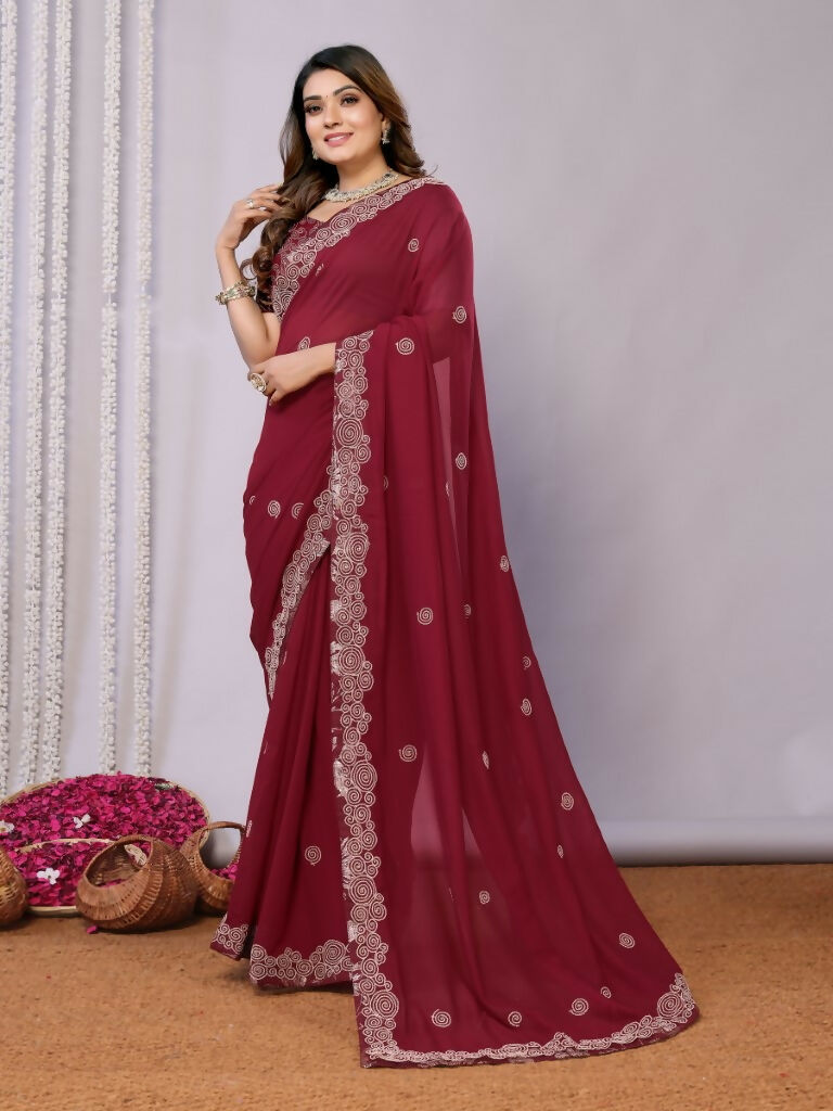 Maroon Silk Georgette Cord Embroidery Saree - Norita Saumya
