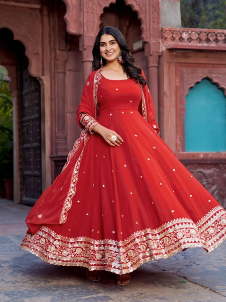 The52 Women's Beautiful Faux Georgette Fabric Embroidery Work Flared Anarkali Pant and Dupatta Set
