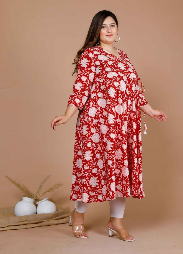 Miravan Women's Plus Size Pure Cotton Floral Printed Anarkali Kurta