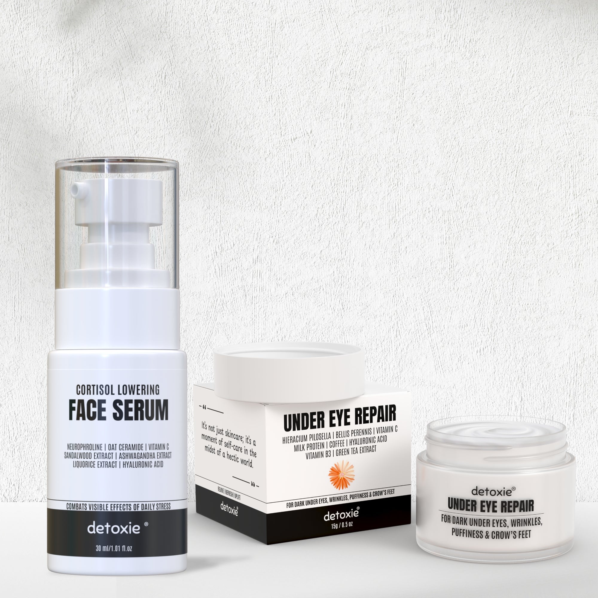 Detoxie Dark Circle & Cortisol Lowering Combo| Cortisol Lowering Serum 30 ml + Under Eye Cream 15gm - Distacart