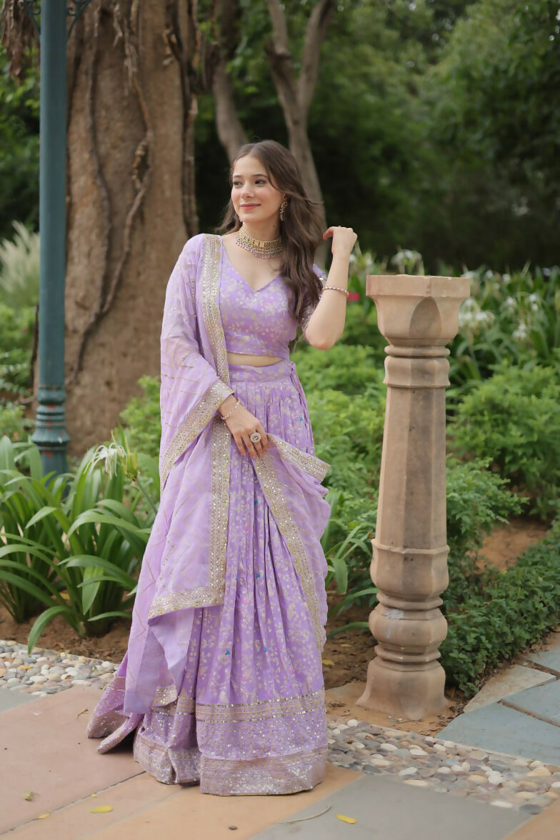 Lorenvalley Lavender Pure Viscose Jacquard with Golden Embroidered Sequins work Lehenga Choli