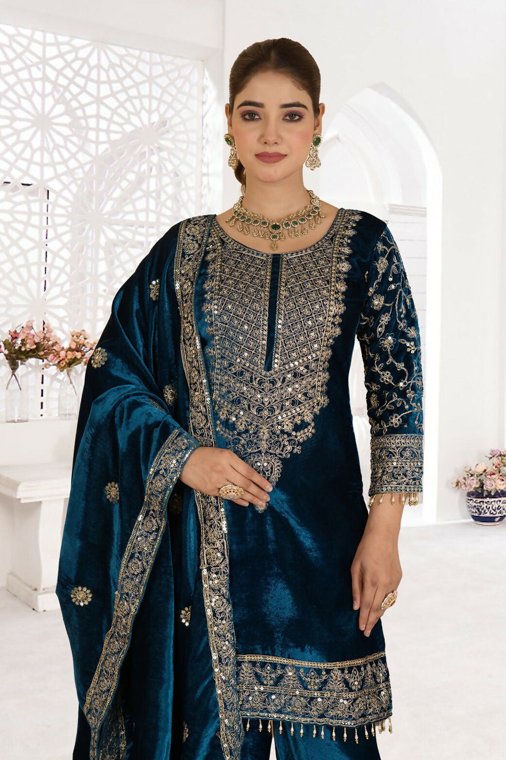 Joban Fashion Blue Velvet Sequence Embroidery Work Kurta Set - Distacart