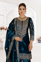 Joban Fashion Blue Velvet Sequence Embroidery Work Kurta Set - Distacart
