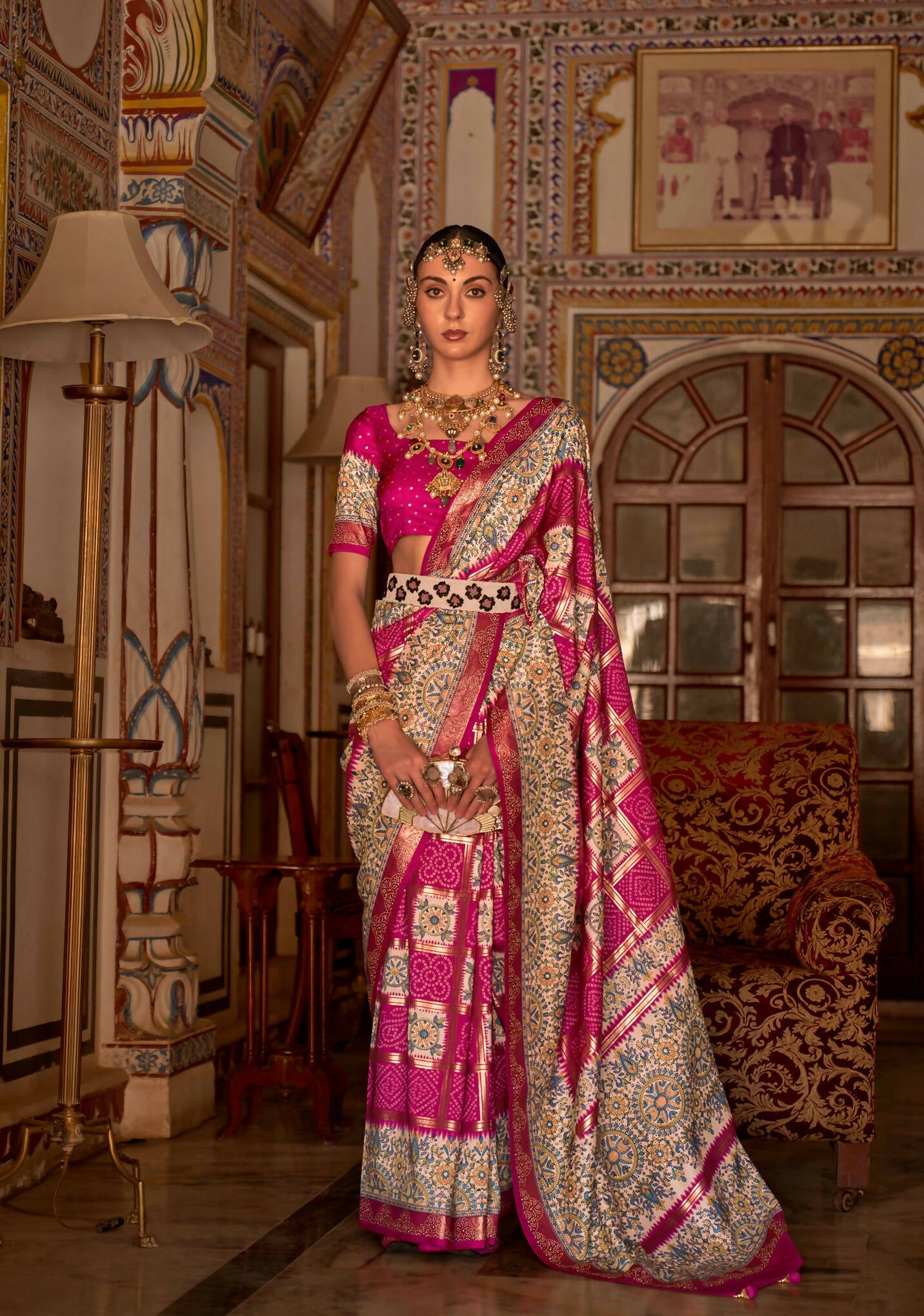 Strawberry Pink P V Silk Digital Print, Zari Work Printed Saree - Rewaa Parampara
