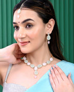 VOJ Gold-Polished Nude Pink And Mint Green Stone Studded Jewellery Set With Maang Tikka