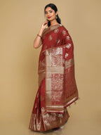 Kalamandir Peacock Print Red Silk Blend Saree