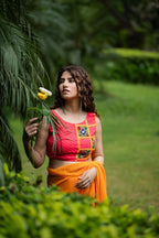 Amodini Designer Studio Women's Coral Chinon Lehriya Sleeveless Blouse