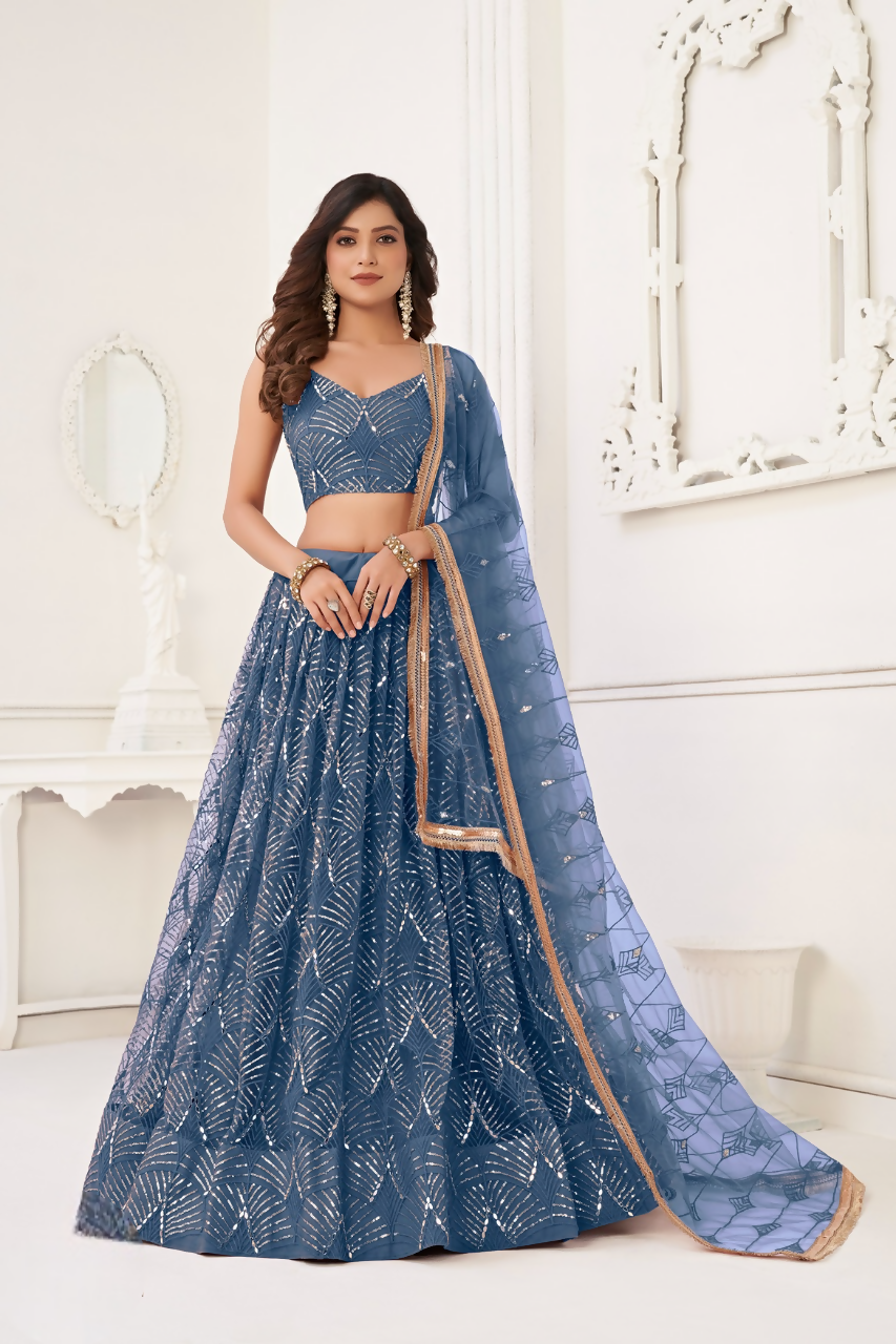 Eilara Glamorous Turquoise Net With Sequins And Thread Embroidery Real Mirror Work Lehenga Choli For Wedding
