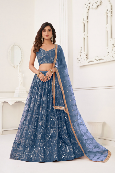 Eilara Glamorous Turquoise Net With Sequins And Thread Embroidery Real Mirror Work Lehenga Choli For Wedding