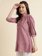 Dust Pink Chinon Yoke Embroidered A-line Top - Tarini
