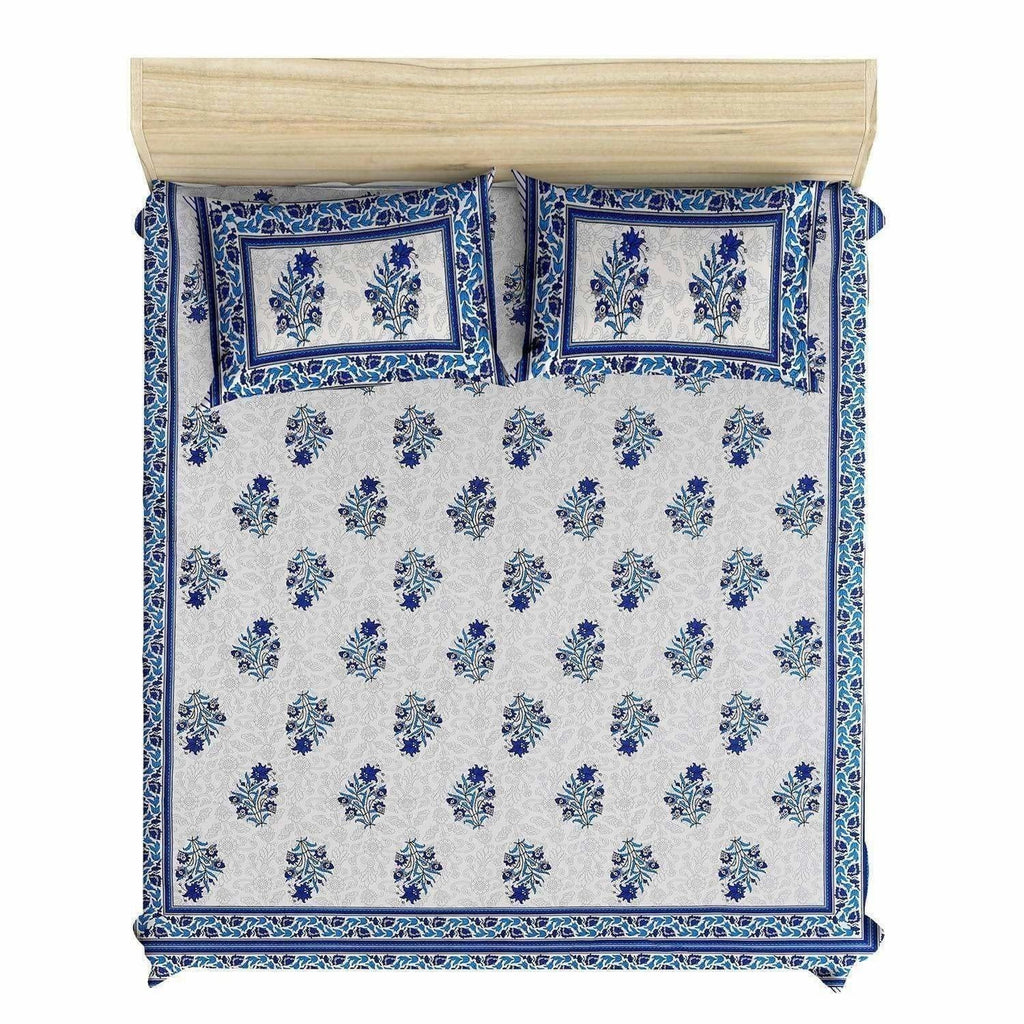 Jaipuri Hand Printed Floral 144TC Cotton DoubleQueen Bedsheet with 2 Pillow Covers