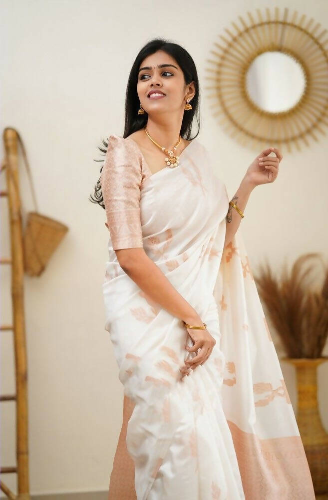 DEIANA'S Beautiful Designer Golden zari Soft Lichi Silk Saree - White
