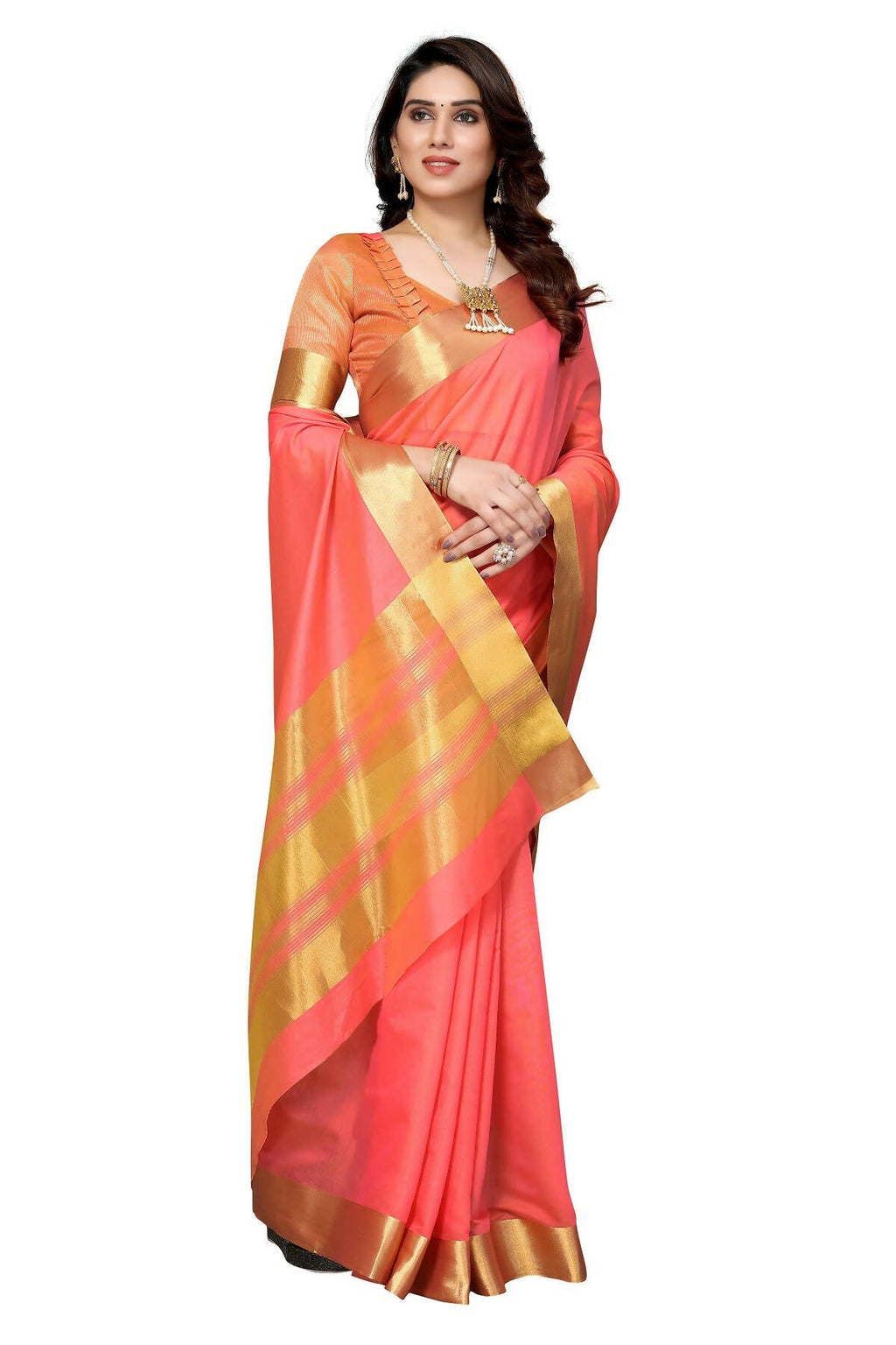 Vamika Peach Cotton Polyester Silk Weaving Saree - Distacart