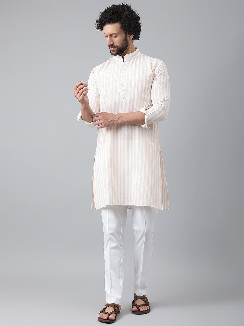 RIAG Beige Men's Ethnic Long Kurta And Pyjama Set - Distacart