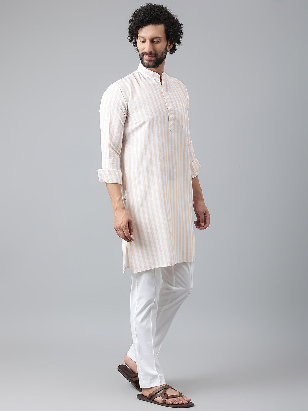 RIAG Beige Color Long Sleeves Ethnic Men's Cotton Long Kurta - Distacart