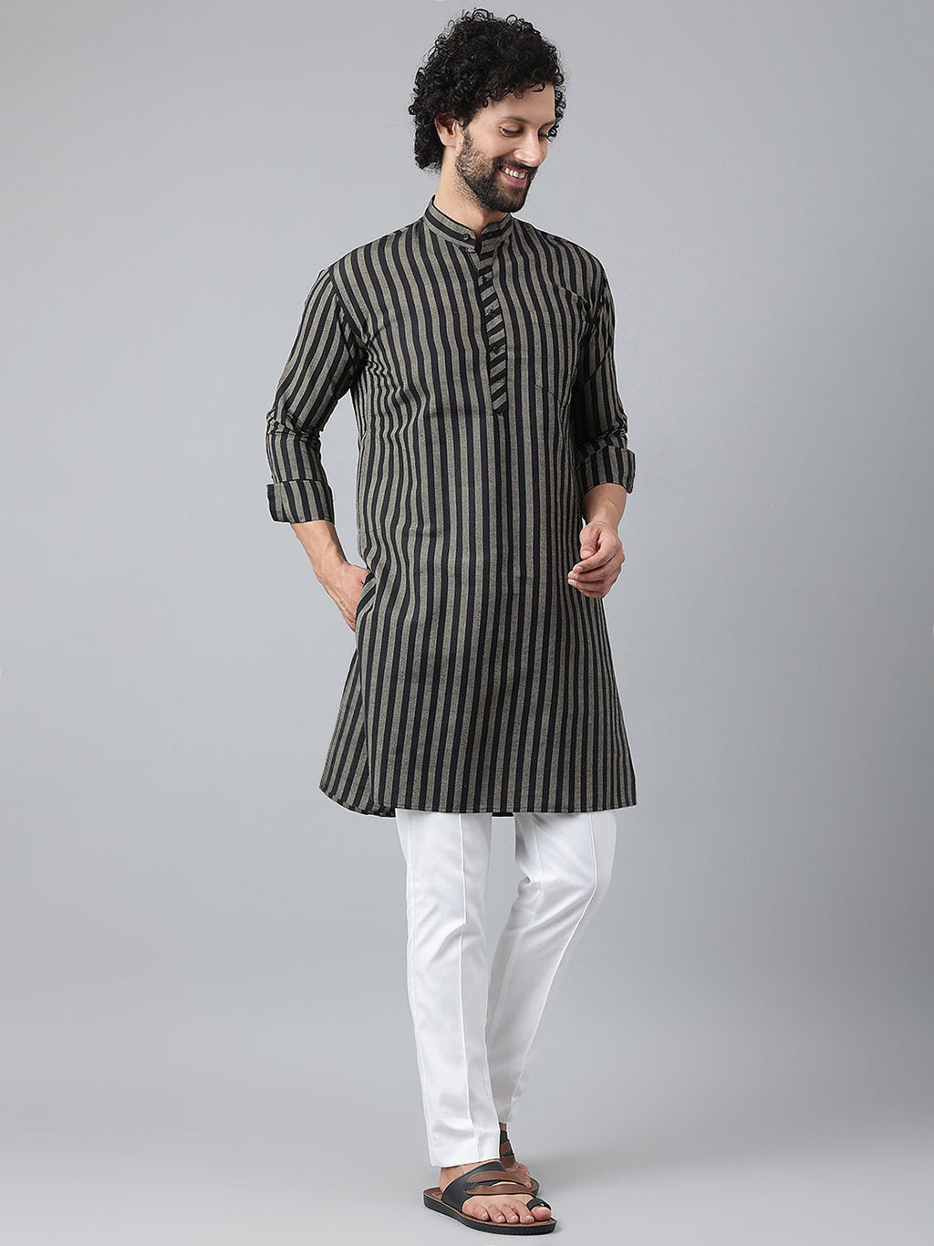 RIAG Black Color Long Sleeves Ethnic Men's Cotton Long Kurta - Distacart