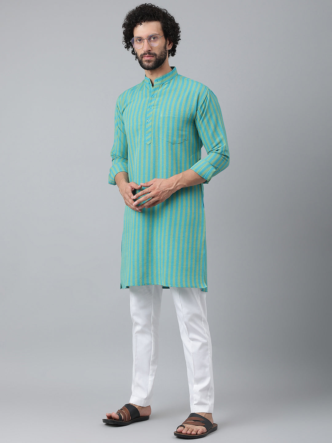 RIAG Blue Color Long Sleeves Ethnic Men's Cotton Long Kurta - Distacart