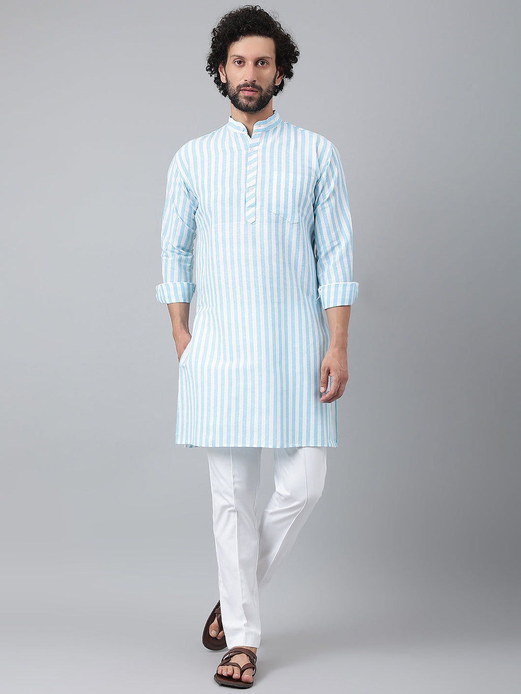 RIAG Blue Color Long Sleeves Ethnic Men's Cotton Long Kurta - Distacart