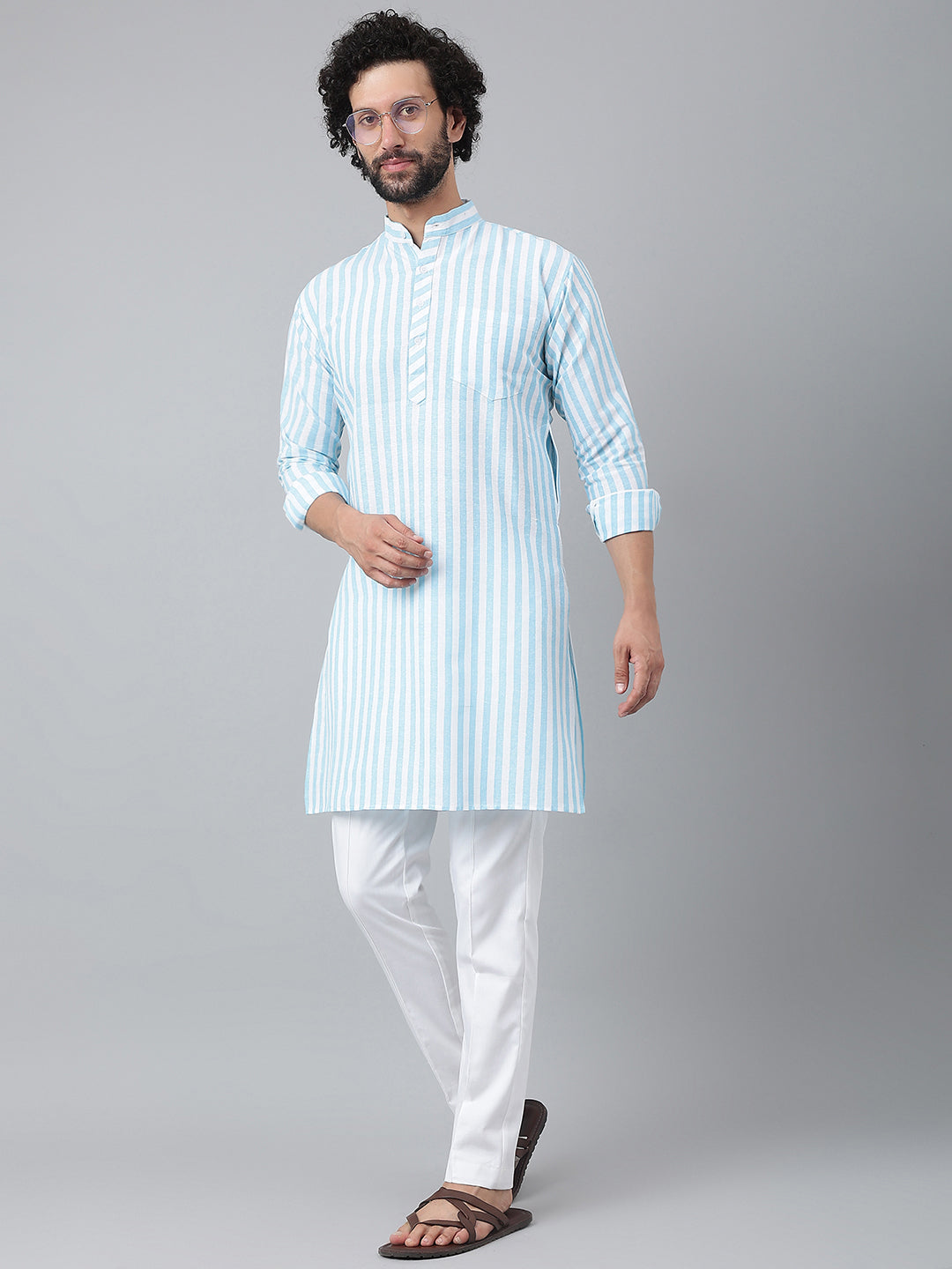 RIAG Blue Color Long Sleeves Ethnic Men's Cotton Long Kurta - Distacart