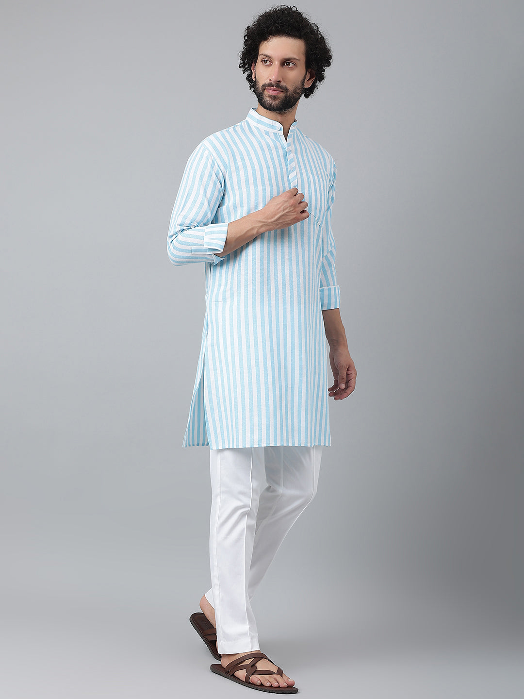 RIAG Blue Color Long Sleeves Ethnic Men's Cotton Long Kurta - Distacart