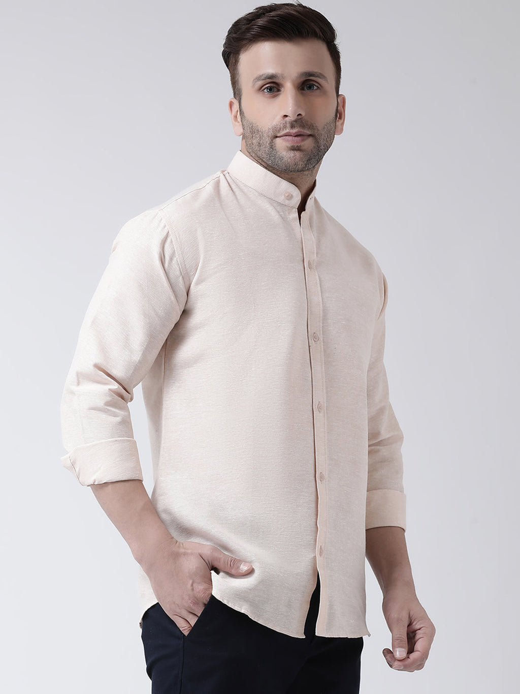 RIAG Beige Men's Chinese Collar Full Sleeves Shirt - Distacart