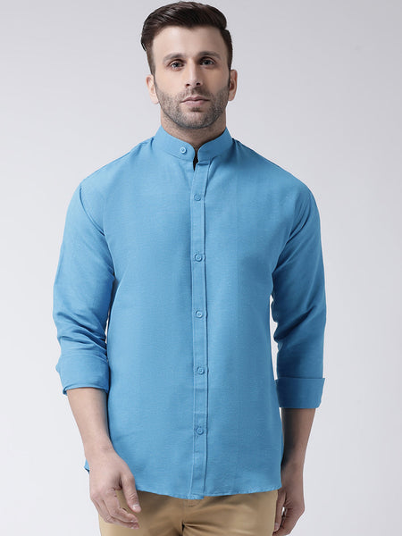 RIAG Firozi Blue Men's Chinese Collar Full Sleeves Shirt