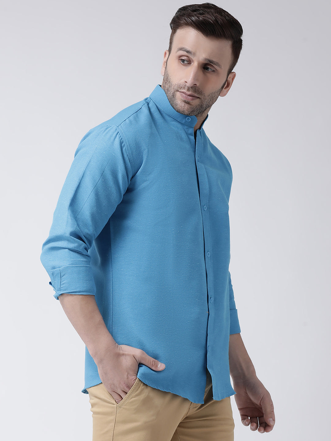 RIAG Firozi Blue Men's Chinese Collar Full Sleeves Shirt - Distacart