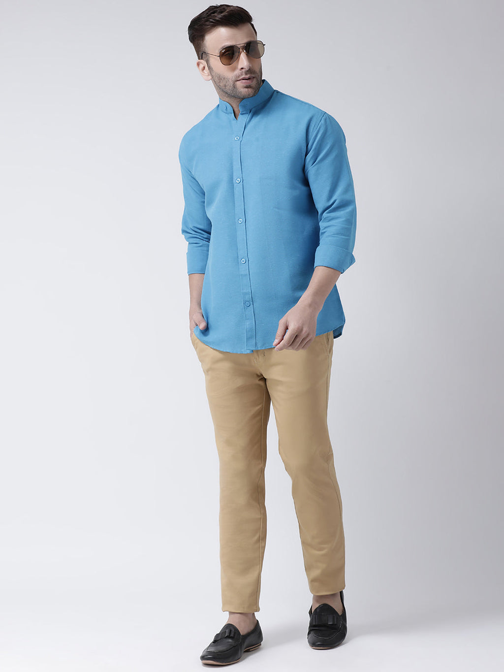 RIAG Firozi Blue Men's Chinese Collar Full Sleeves Shirt - Distacart